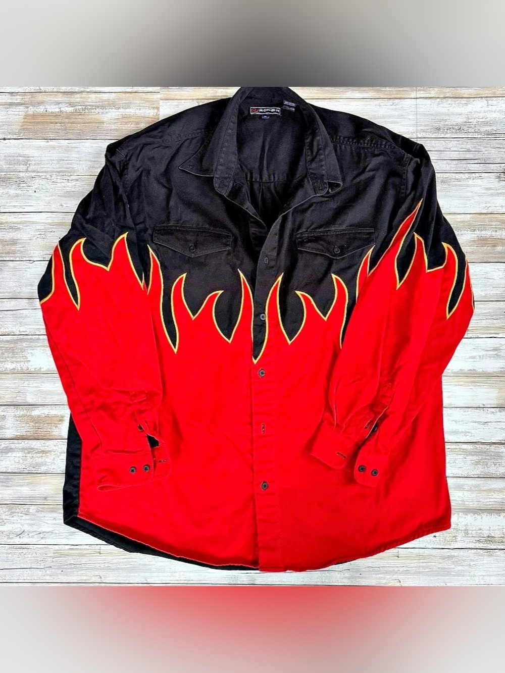 Roper Men's Color Block Flame Shirt in Red & Black Size XL
